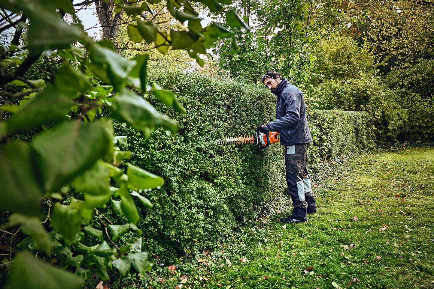 Panoramica laterale del tagliasiepi STIHL HSA 100 in utilizzo