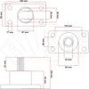 Disegno tecnico di un componente meccanico con misure dettagliate: 165x90 mm, 67 mm, 25 mm, 49 mm, 110 mm, 34 mm, 85 mm, 40 mm, 155 mm, 85 mm, 67 mm e 17 mm. Include viste laterali e frontali con indicazioni di fori e dimensioni.