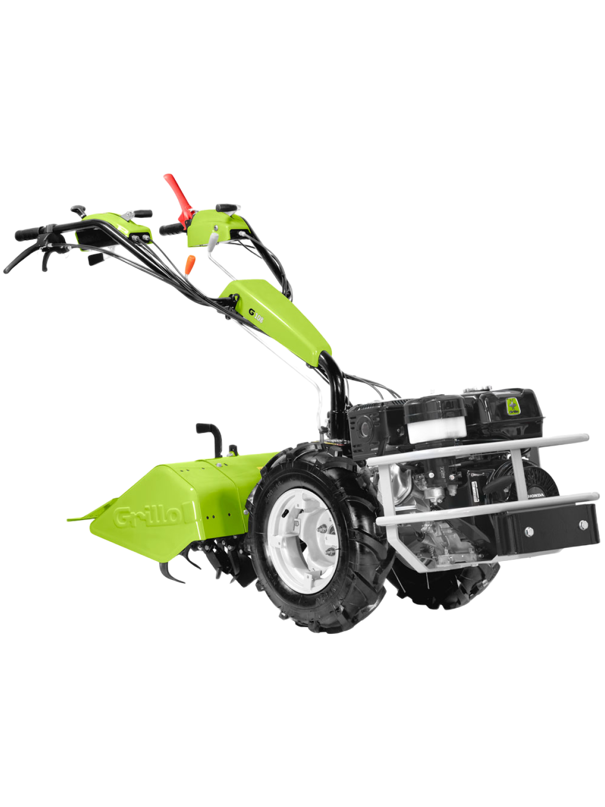 Motocoltivatore Grillo G 108 di colore verde, dotato di stegole regolabili, ruote robuste e design ergonomico, ideale per agricoltura e giardinaggio su ampie superfici.