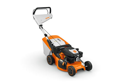 Tosaerba a scoppio STIHL RM 248 da vista laterale con cesto raccoglierba