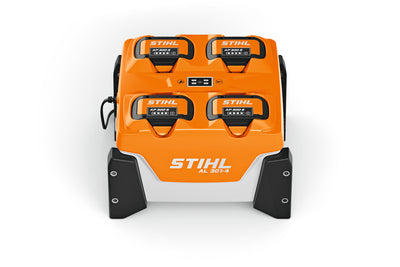 Vista laterale del caricabatterie multiplo Stihl AL 301-4 con LED e opzioni di montaggio