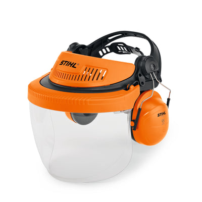 Vista frontale del set di protezione viso e orecchie STIHL ADVANCE GPC 28 con visiera in policarbonato