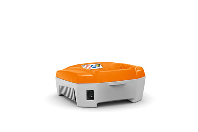 Vista laterale del Caricabatteria Stihl AL 501 con dettagli tecnici.