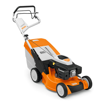 vista laterale del tosaerba a benzina STIHL RM 650 T con cesto raccoglierba